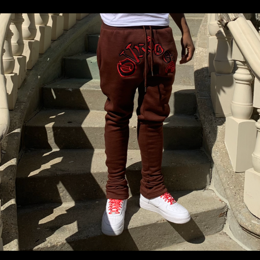 Brown & Red Ribbon Style OVRDose Stacked leg Jogging Pants