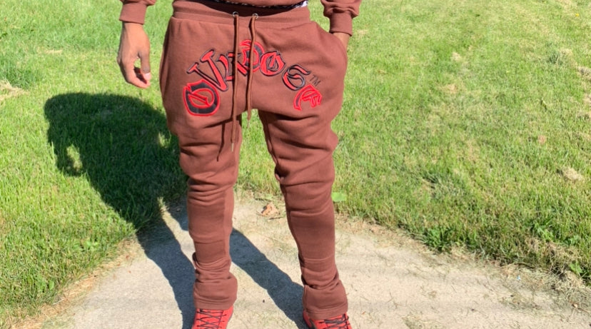 Brown & Red Ribbon Style OVRDose Stacked leg Jogging Pants