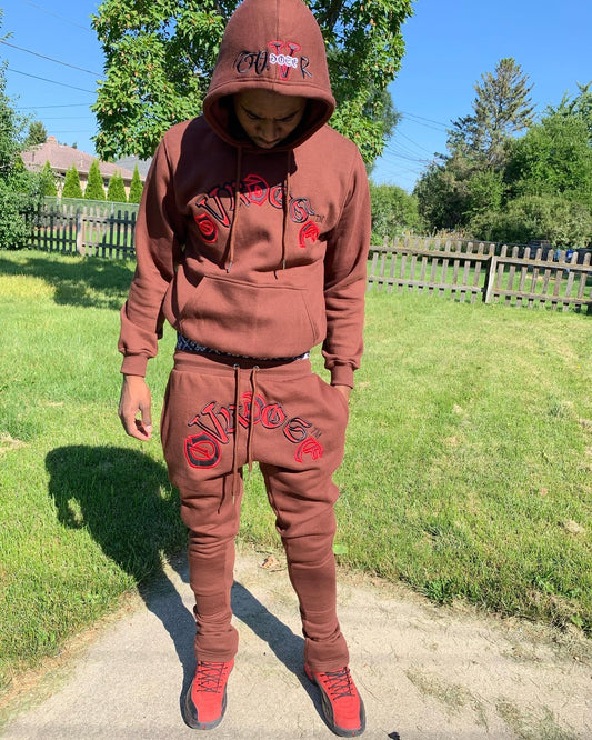 Brown & Red Stacked Legged Jogging Suit